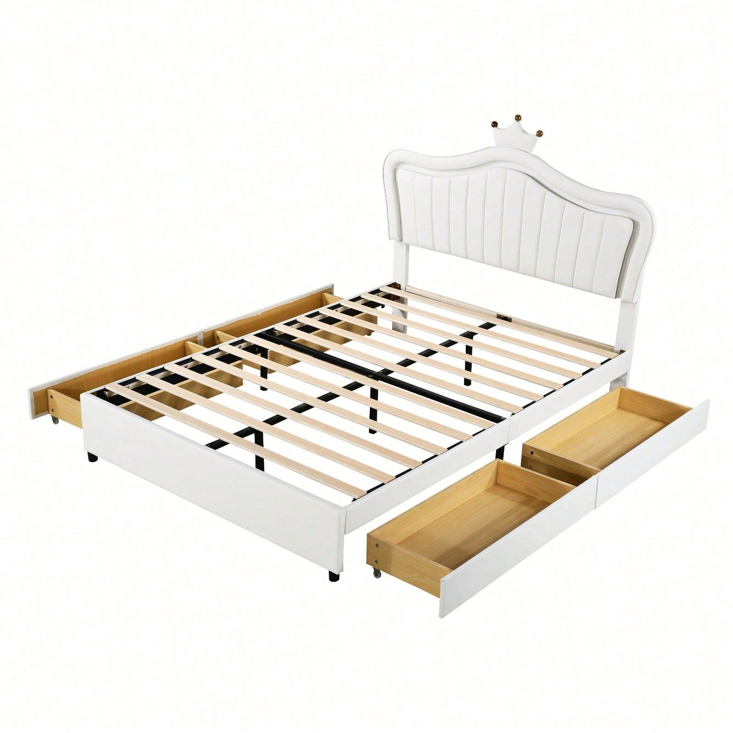 Kinderbett Polsterbett 140 x 200 cm, weißes Kronen-Mädchen-Einzelbettgestell aus PU-Leder mit Stauraumschubladen, LED-Leuchten, Lattenrost und Rückenlehne