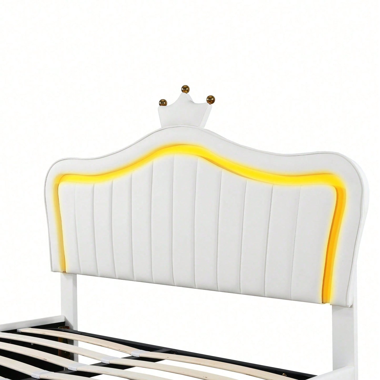 Kinderbett Polsterbett 140 x 200 cm, weißes Kronen-Mädchen-Einzelbettgestell aus PU-Leder mit Stauraumschubladen, LED-Leuchten, Lattenrost und Rückenlehne