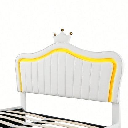 Kinderbett Polsterbett 140 x 200 cm, weißes Kronen-Mädchen-Einzelbettgestell aus PU-Leder mit Stauraumschubladen, LED-Leuchten, Lattenrost und Rückenlehne