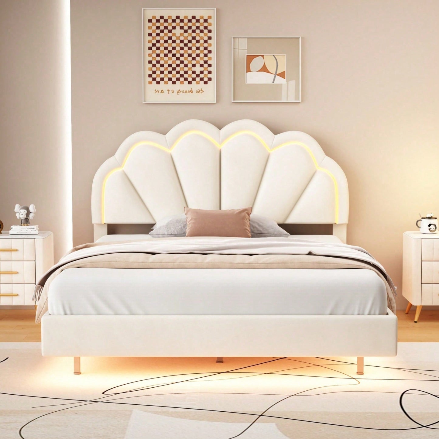 Polsterbett 140 x 200 cm, Gepolsterter Schwebebett Rahmen mit LED-Leuchten und Kopfteildesign, flächiges Doppelbett-Gästebett in hautfreundlichem Samtstoff Beige