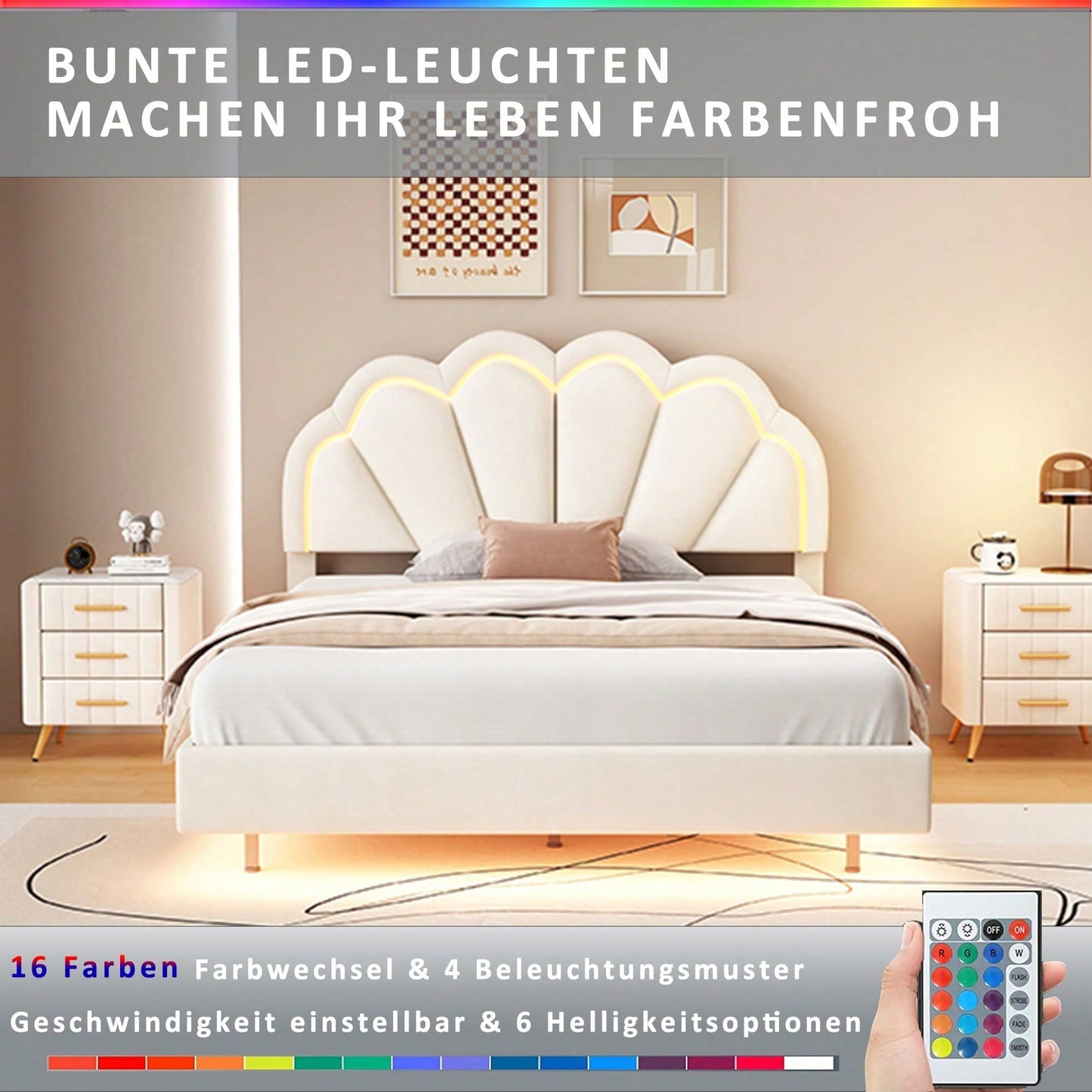 Polsterbett 140 x 200 cm, Gepolsterter Schwebebett Rahmen mit LED-Leuchten und Kopfteildesign, flächiges Doppelbett-Gästebett in hautfreundlichem Samtstoff Beige