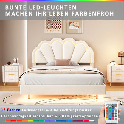 Polsterbett 140 x 200 cm, Gepolsterter Schwebebett Rahmen mit LED-Leuchten und Kopfteildesign, flächiges Doppelbett-Gästebett in hautfreundlichem Samtstoff Beige