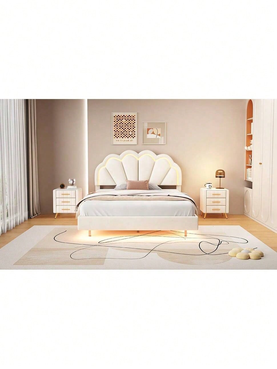 Polsterbett 140 x 200 cm, Gepolsterter Schwebebett Rahmen mit LED-Leuchten und Kopfteildesign, flächiges Doppelbett-Gästebett in hautfreundlichem Samtstoff Beige