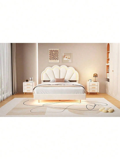 Polsterbett 140 x 200 cm, Gepolsterter Schwebebett Rahmen mit LED-Leuchten und Kopfteildesign, flächiges Doppelbett-Gästebett in hautfreundlichem Samtstoff Beige