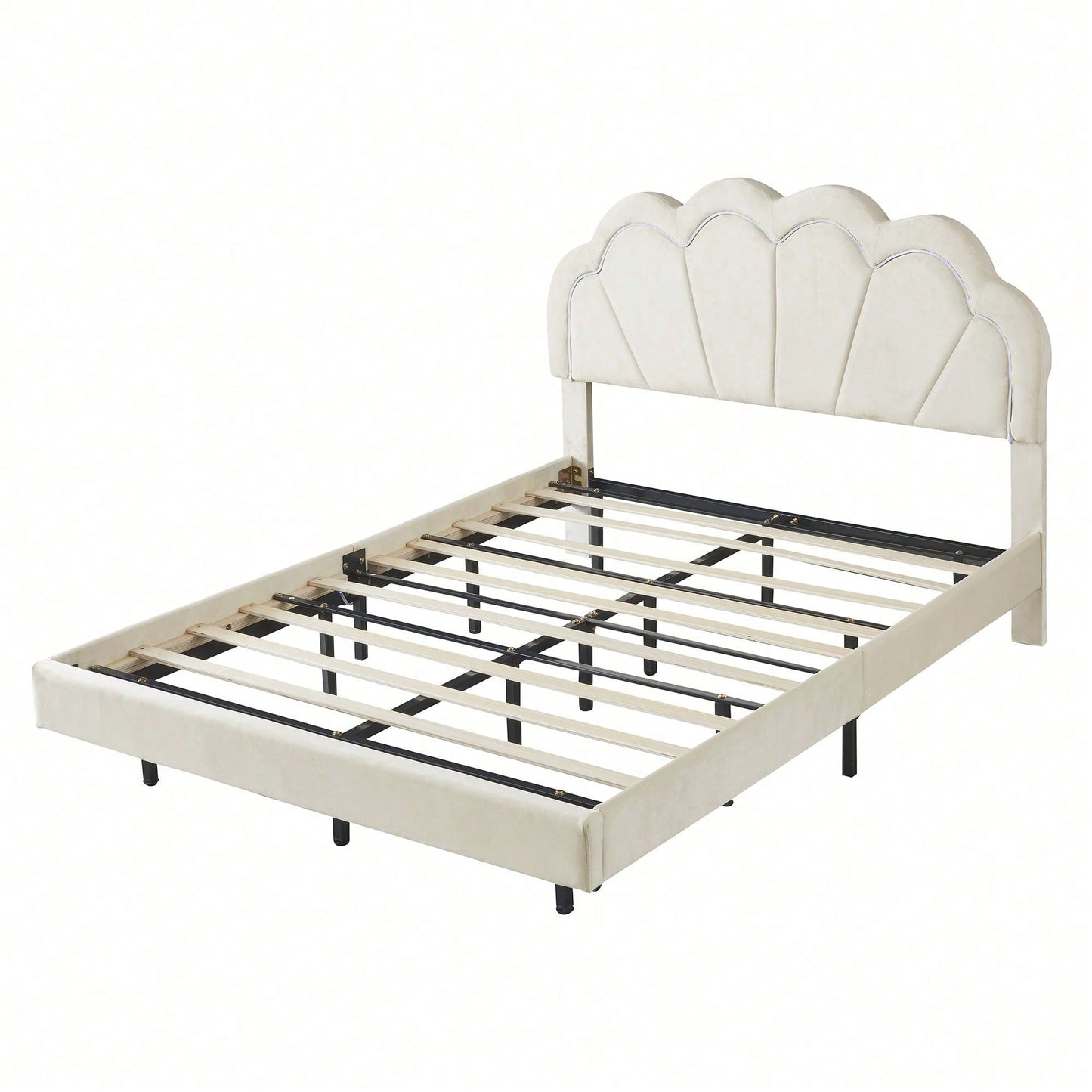 Polsterbett 140 x 200 cm, Gepolsterter Schwebebett Rahmen mit LED-Leuchten und Kopfteildesign, flächiges Doppelbett-Gästebett in hautfreundlichem Samtstoff Beige