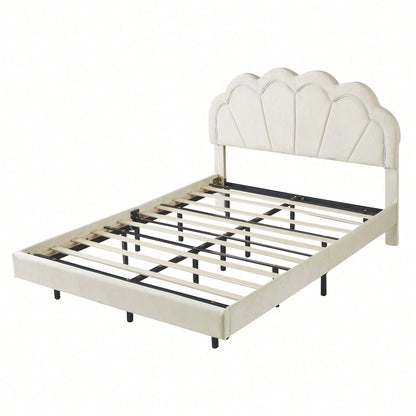 Polsterbett 140 x 200 cm, Gepolsterter Schwebebett Rahmen mit LED-Leuchten und Kopfteildesign, flächiges Doppelbett-Gästebett in hautfreundlichem Samtstoff Beige