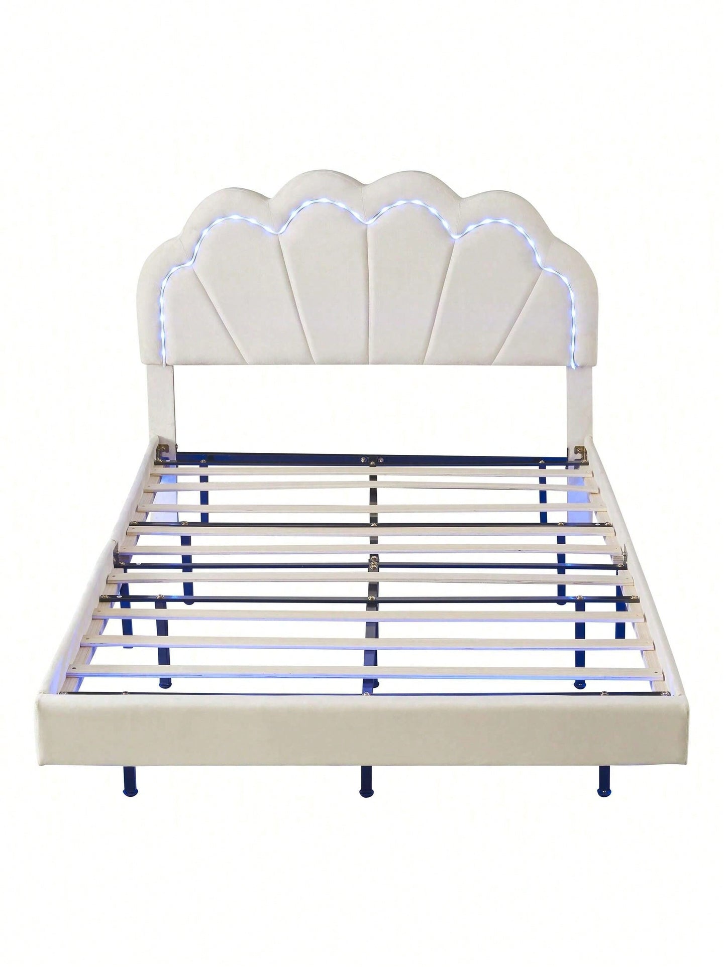 Polsterbett 140 x 200 cm, Gepolsterter Schwebebett Rahmen mit LED-Leuchten und Kopfteildesign, flächiges Doppelbett-Gästebett in hautfreundlichem Samtstoff Beige