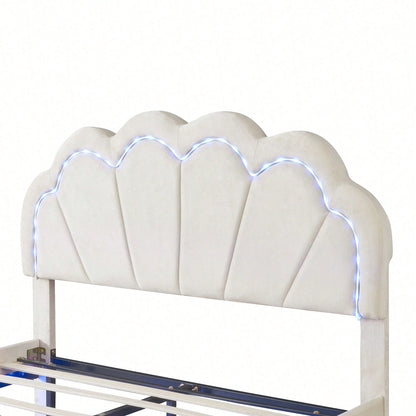 Polsterbett 140 x 200 cm, Gepolsterter Schwebebett Rahmen mit LED-Leuchten und Kopfteildesign, flächiges Doppelbett-Gästebett in hautfreundlichem Samtstoff Beige