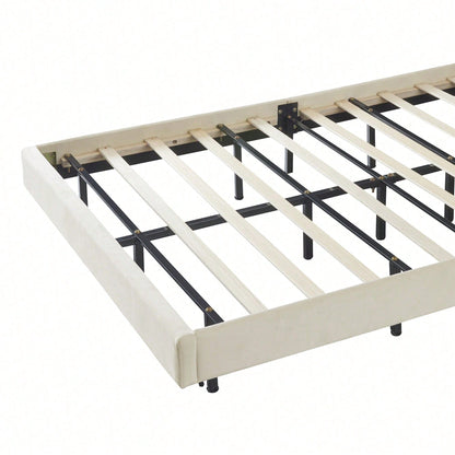 Polsterbett 140 x 200 cm, Gepolsterter Schwebebett Rahmen mit LED-Leuchten und Kopfteildesign, flächiges Doppelbett-Gästebett in hautfreundlichem Samtstoff Beige