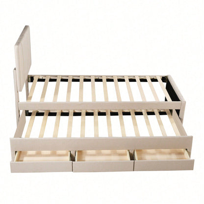 Polsterbett 90 x 200 cm mit Rollbett und Stauraumschubladen, hautfreundliche Leinenpolsterung, flaches Einzelbett, Kinderbett, Jugendbett, Gästebett (Rosa