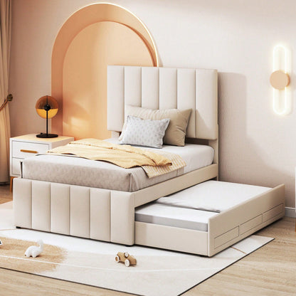 Polsterbett 90 x 200 cm mit Rollbett und Stauraumschubladen, hautfreundliche Leinenpolsterung, flaches Einzelbett, Kinderbett, Jugendbett, Gästebett (Rosa