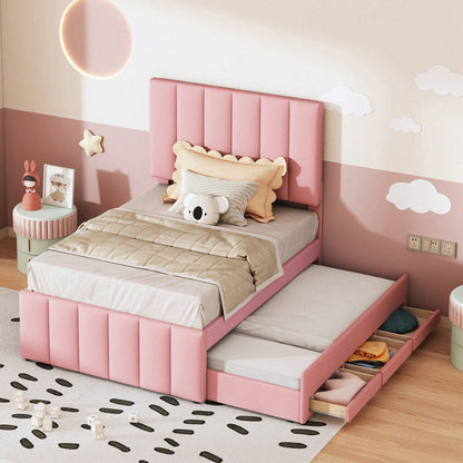 Polsterbett 90 x 200 cm mit Rollbett und Stauraumschubladen, hautfreundliche Leinenpolsterung, flaches Einzelbett, Kinderbett, Jugendbett, Gästebett (Rosa