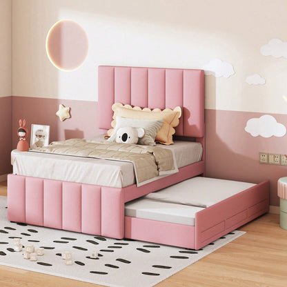 Polsterbett 90 x 200 cm mit Rollbett und Stauraumschubladen, hautfreundliche Leinenpolsterung, flaches Einzelbett, Kinderbett, Jugendbett, Gästebett (Rosa