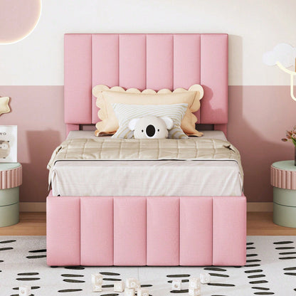 Polsterbett 90 x 200 cm mit Rollbett und Stauraumschubladen, hautfreundliche Leinenpolsterung, flaches Einzelbett, Kinderbett, Jugendbett, Gästebett (Rosa
