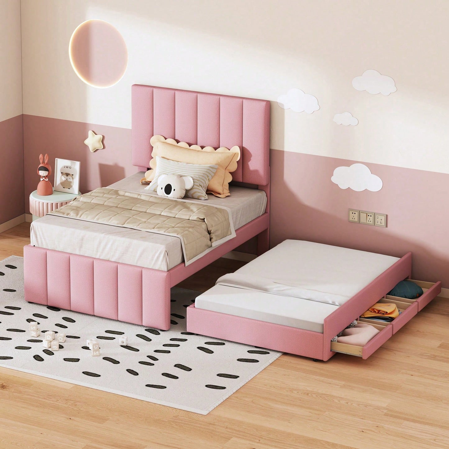 Polsterbett 90 x 200 cm mit Rollbett und Stauraumschubladen, hautfreundliche Leinenpolsterung, flaches Einzelbett, Kinderbett, Jugendbett, Gästebett (Rosa