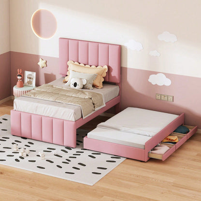 Polsterbett 90 x 200 cm mit Rollbett und Stauraumschubladen, hautfreundliche Leinenpolsterung, flaches Einzelbett, Kinderbett, Jugendbett, Gästebett (Rosa