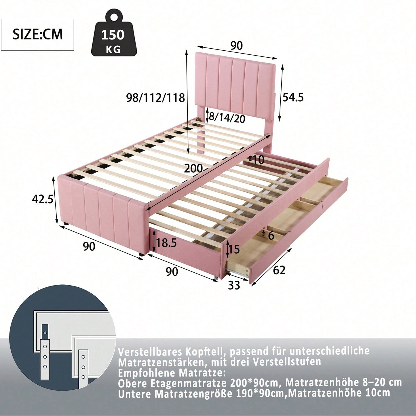 Polsterbett 90 x 200 cm mit Rollbett und Stauraumschubladen, hautfreundliche Leinenpolsterung, flaches Einzelbett, Kinderbett, Jugendbett, Gästebett (Rosa