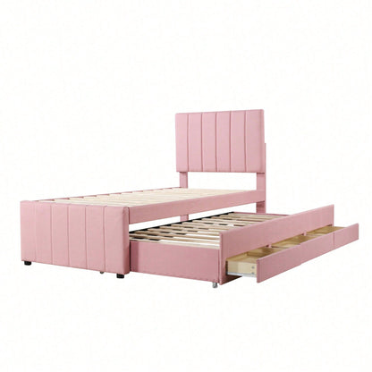 Polsterbett 90 x 200 cm mit Rollbett und Stauraumschubladen, hautfreundliche Leinenpolsterung, flaches Einzelbett, Kinderbett, Jugendbett, Gästebett (Rosa