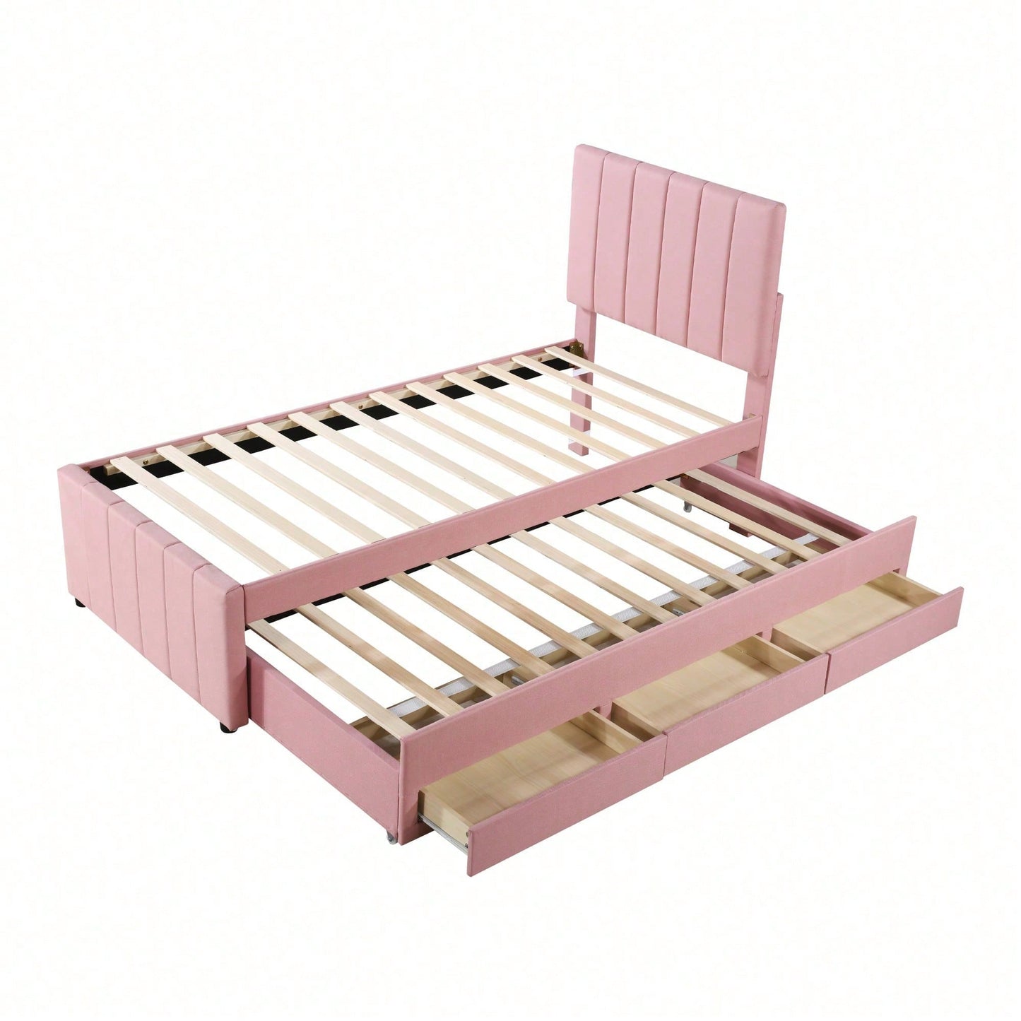 Polsterbett 90 x 200 cm mit Rollbett und Stauraumschubladen, hautfreundliche Leinenpolsterung, flaches Einzelbett, Kinderbett, Jugendbett, Gästebett (Rosa