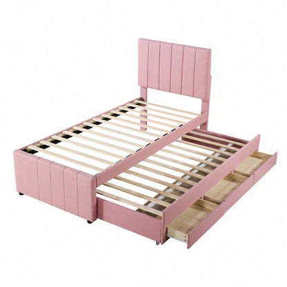 Polsterbett 90 x 200 cm mit Rollbett und Stauraumschubladen, hautfreundliche Leinenpolsterung, flaches Einzelbett, Kinderbett, Jugendbett, Gästebett (Rosa