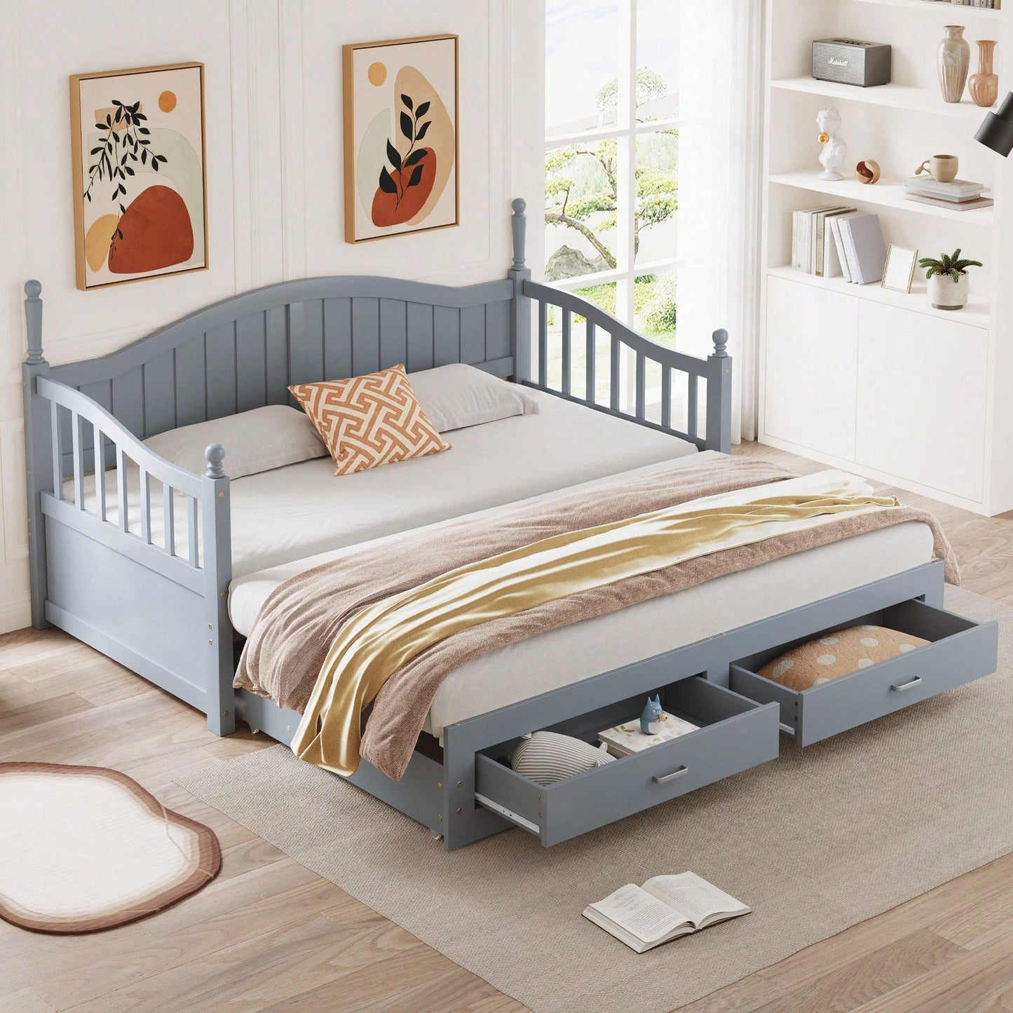 Ausziehbares Schlafsofa Aus Massivholz 90/180*190 cm, mit römischen Säulen, mit geschwungener Rückenlehne und Armlehnen, mit Schubladen und Lattenrost, Multifunktionsbett Aus Kiefernholz, Grau