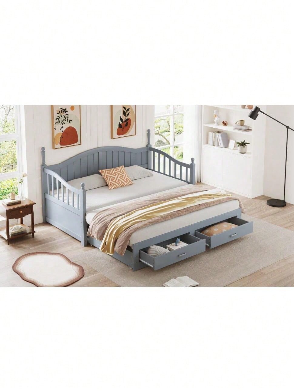Ausziehbares Schlafsofa Aus Massivholz 90/180*190 cm, mit römischen Säulen, mit geschwungener Rückenlehne und Armlehnen, mit Schubladen und Lattenrost, Multifunktionsbett Aus Kiefernholz, Grau