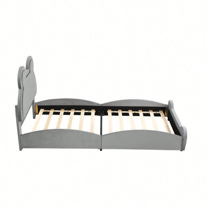 Polsterbett Schönes Kinderbett, 90 x 200 cm, Bärenform. Einzelbett aus hautfreundlichem Velours, grau