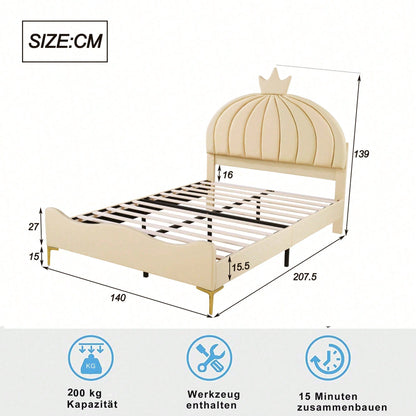 Kinderbett Polsterbett 140 * 200 cm, Cartoon-Kopfteil mit Kranzleiste, Bogenförmige Endgestaltung, Kunstlederstoff mit Lattenrost mit hohem Metallfußteil, Juniorbett Gästebett, Beige