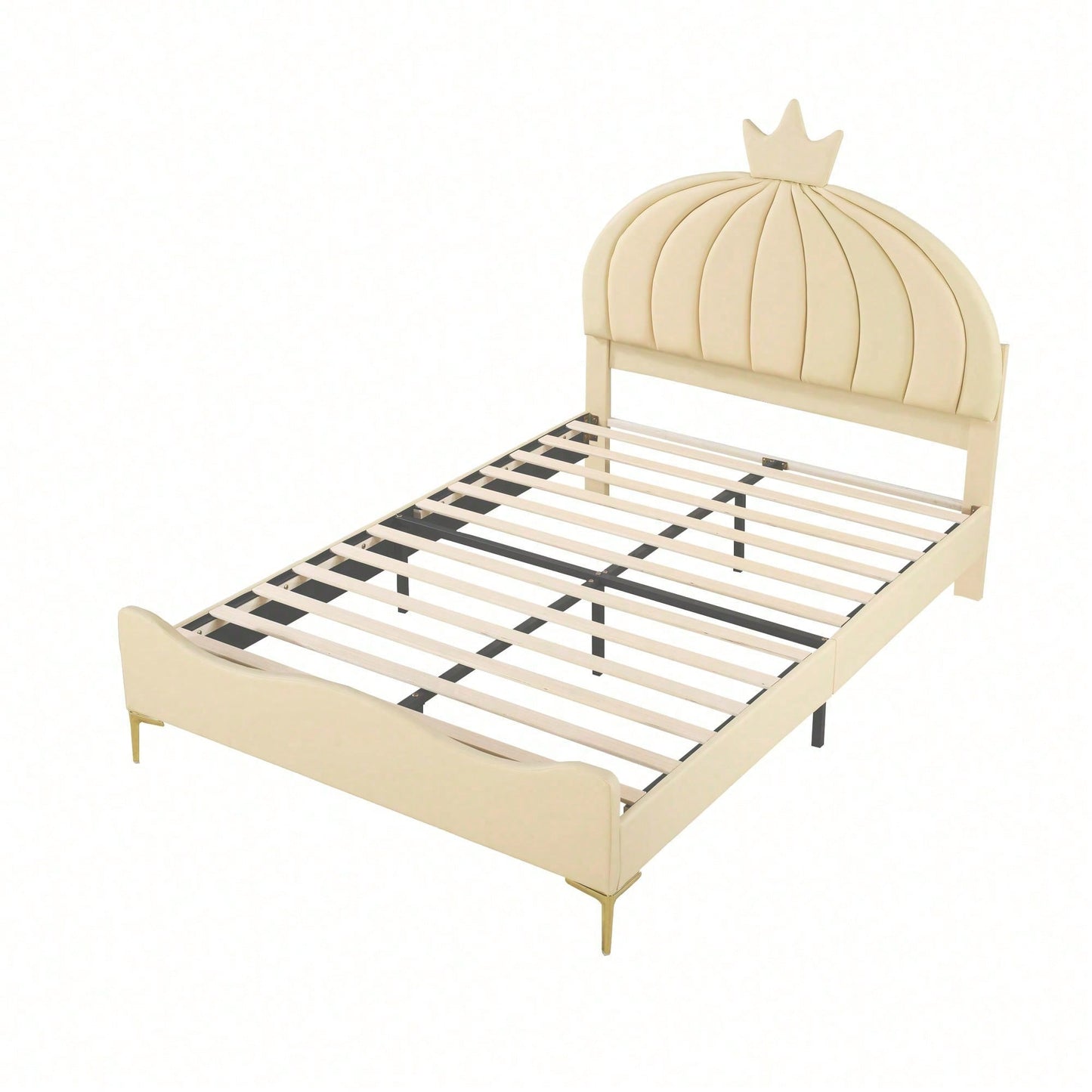 Kinderbett Polsterbett 140 * 200 cm, Cartoon-Kopfteil mit Kranzleiste, Bogenförmige Endgestaltung, Kunstlederstoff mit Lattenrost mit hohem Metallfußteil, Juniorbett Gästebett, Beige