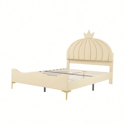 Kinderbett Polsterbett 140 * 200 cm, Cartoon-Kopfteil mit Kranzleiste, Bogenförmige Endgestaltung, Kunstlederstoff mit Lattenrost mit hohem Metallfußteil, Juniorbett Gästebett, Beige
