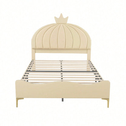 Kinderbett Polsterbett 140 * 200 cm, Cartoon-Kopfteil mit Kranzleiste, Bogenförmige Endgestaltung, Kunstlederstoff mit Lattenrost mit hohem Metallfußteil, Juniorbett Gästebett, Beige
