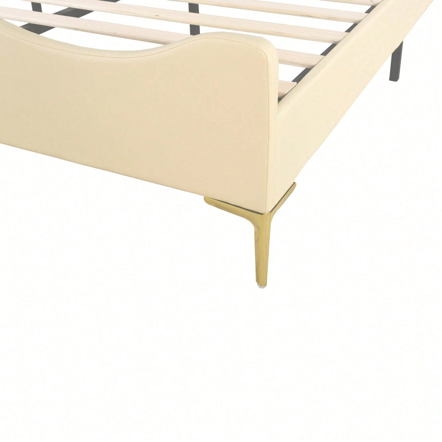 Kinderbett Polsterbett 140 * 200 cm, Cartoon-Kopfteil mit Kranzleiste, Bogenförmige Endgestaltung, Kunstlederstoff mit Lattenrost mit hohem Metallfußteil, Juniorbett Gästebett, Beige