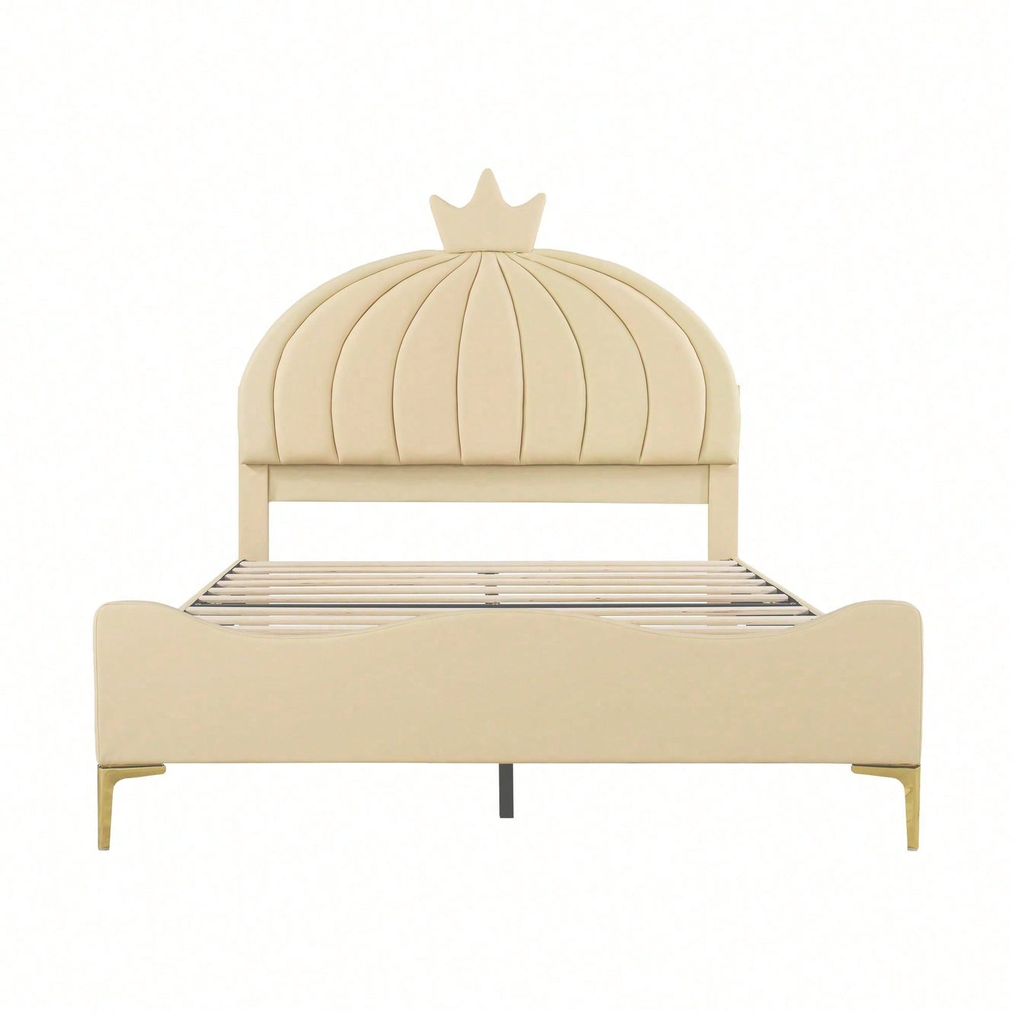 Kinderbett Polsterbett 140 * 200 cm, Cartoon-Kopfteil mit Kranzleiste, Bogenförmige Endgestaltung, Kunstlederstoff mit Lattenrost mit hohem Metallfußteil, Juniorbett Gästebett, Beige