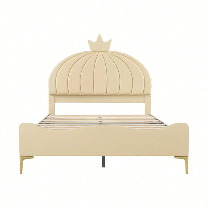 Kinderbett Polsterbett 140 * 200 cm, Cartoon-Kopfteil mit Kranzleiste, Bogenförmige Endgestaltung, Kunstlederstoff mit Lattenrost mit hohem Metallfußteil, Juniorbett Gästebett, Beige