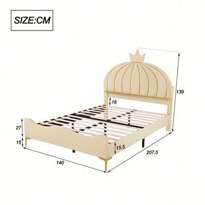 Kinderbett Polsterbett 140 * 200 cm, Cartoon-Kopfteil mit Kranzleiste, Bogenförmige Endgestaltung, Kunstlederstoff mit Lattenrost mit hohem Metallfußteil, Juniorbett Gästebett, Beige