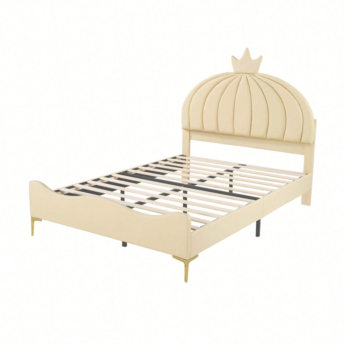 Kinderbett Polsterbett 140 * 200 cm, Cartoon-Kopfteil mit Kranzleiste, Bogenförmige Endgestaltung, Kunstlederstoff mit Lattenrost mit hohem Metallfußteil, Juniorbett Gästebett, Beige