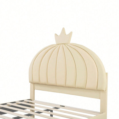 Kinderbett Polsterbett 140 * 200 cm, Cartoon-Kopfteil mit Kranzleiste, Bogenförmige Endgestaltung, Kunstlederstoff mit Lattenrost mit hohem Metallfußteil, Juniorbett Gästebett, Beige