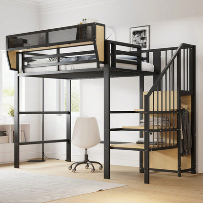 Hochbett 90x200 mit Sicherheitsleiter und flexiblem Staufach, Metallbett Erwachsenenbett Kinder-Etagenbett Schwarz