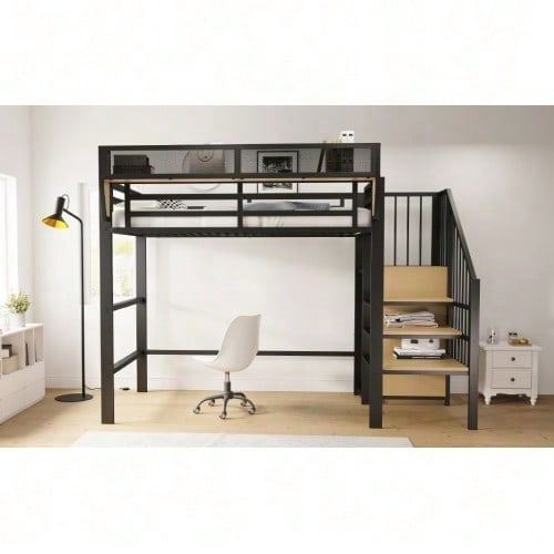 Hochbett 90x200 mit Sicherheitsleiter und flexiblem Staufach, Metallbett Erwachsenenbett Kinder-Etagenbett Schwarz