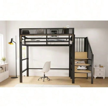 Hochbett 90x200 mit Sicherheitsleiter und flexiblem Staufach, Metallbett Erwachsenenbett Kinder-Etagenbett Schwarz