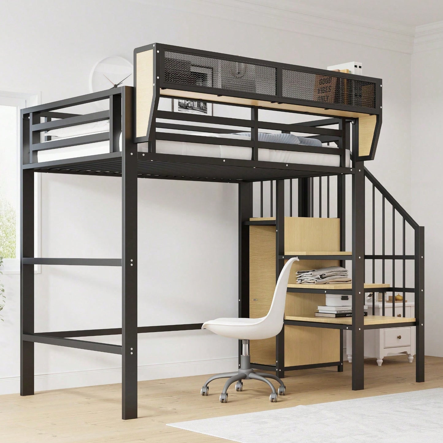 Hochbett 90x200 mit Sicherheitsleiter und flexiblem Staufach, Metallbett Erwachsenenbett Kinder-Etagenbett Schwarz