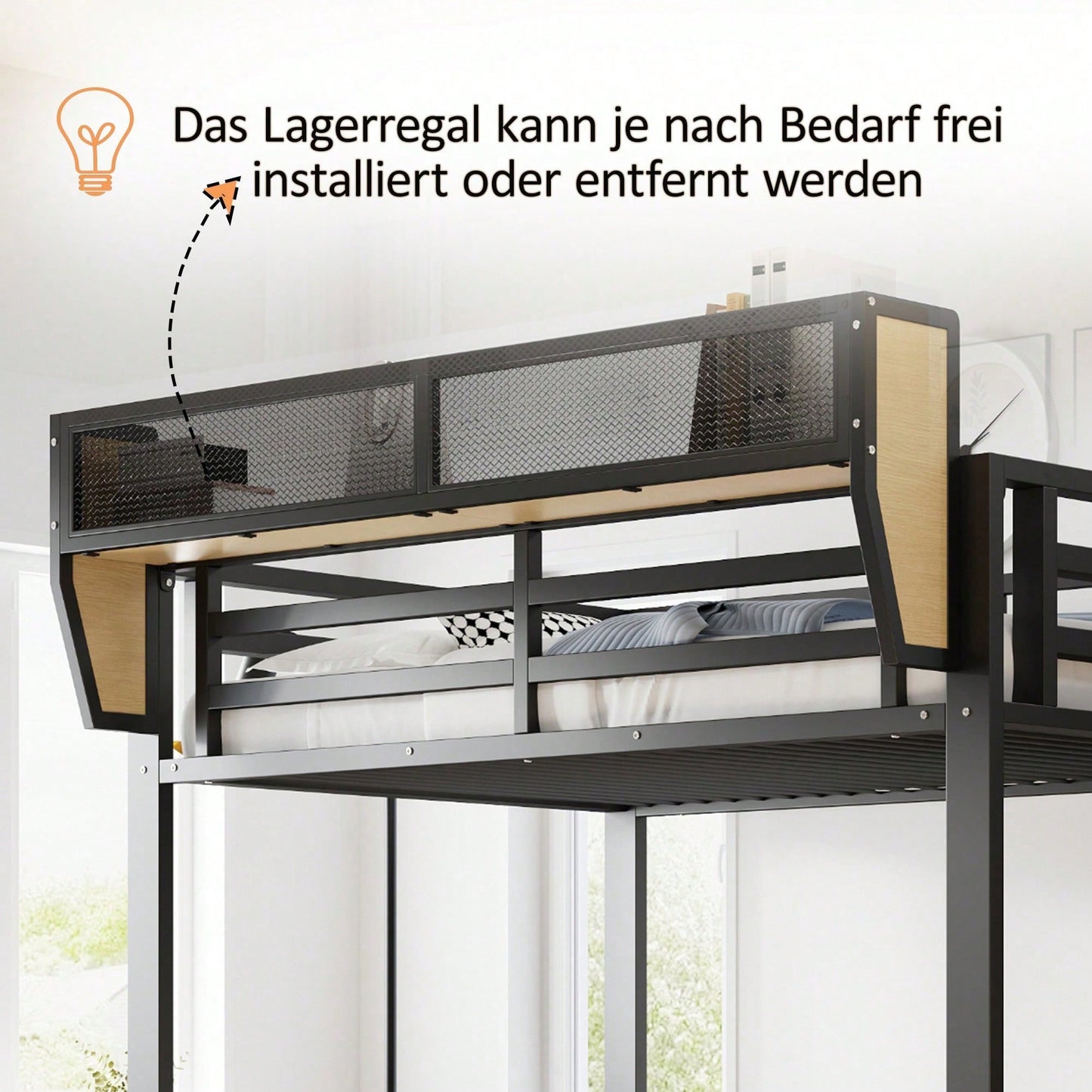 Hochbett 90x200 mit Sicherheitsleiter und flexiblem Staufach, Metallbett Erwachsenenbett Kinder-Etagenbett Schwarz