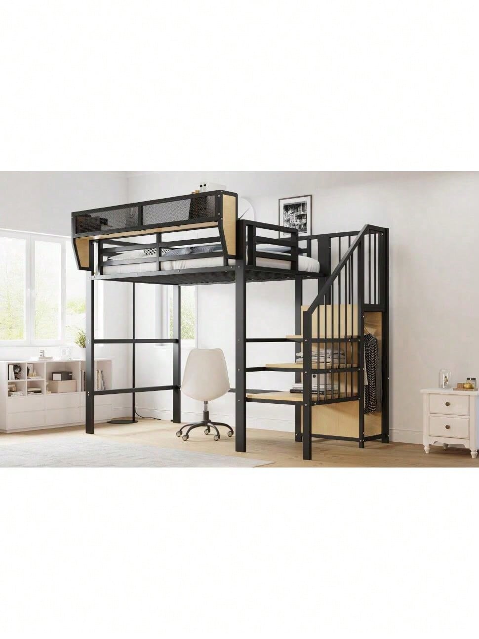 Hochbett 90x200 mit Sicherheitsleiter und flexiblem Staufach, Metallbett Erwachsenenbett Kinder-Etagenbett Schwarz