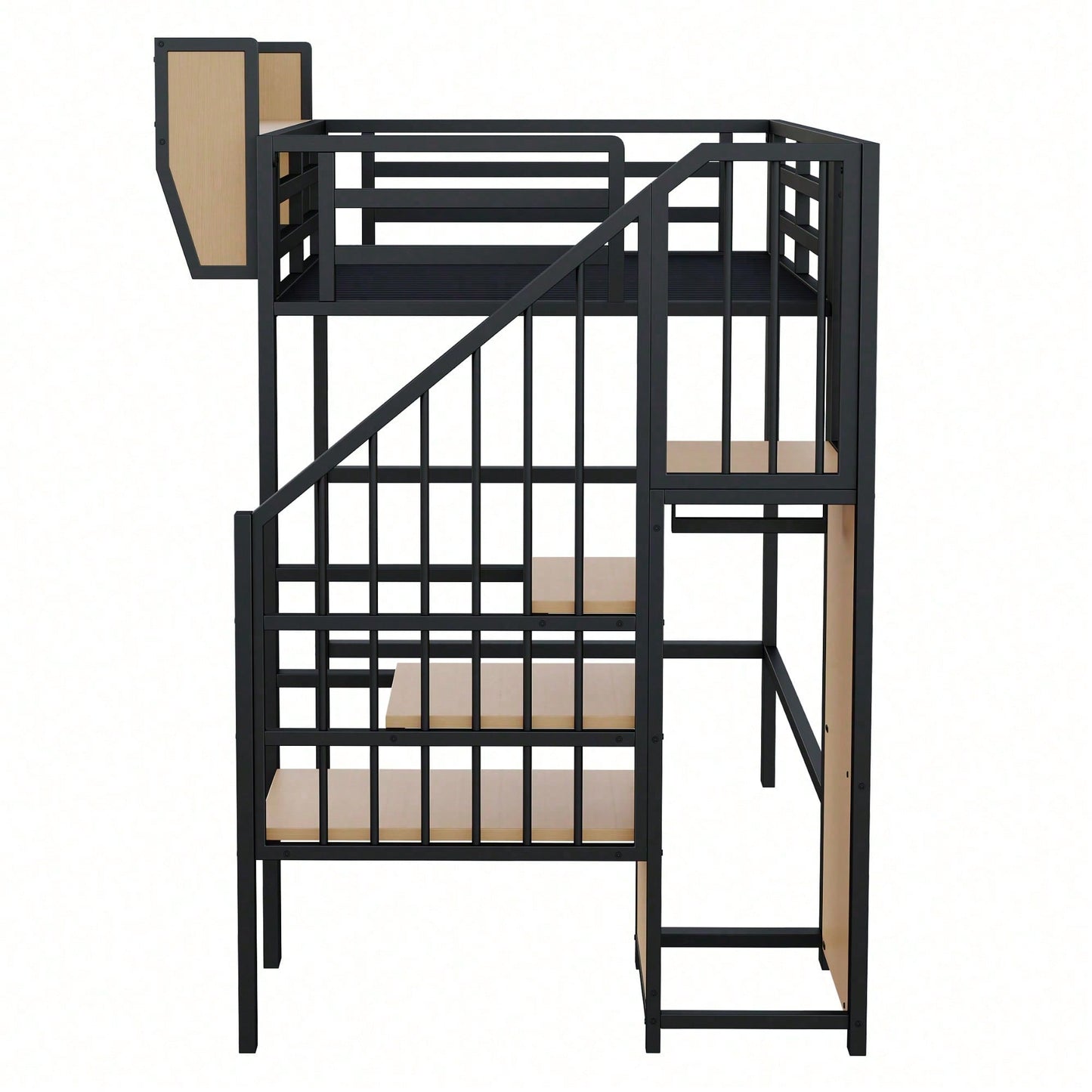 Hochbett 90x200 mit Sicherheitsleiter und flexiblem Staufach, Metallbett Erwachsenenbett Kinder-Etagenbett Schwarz
