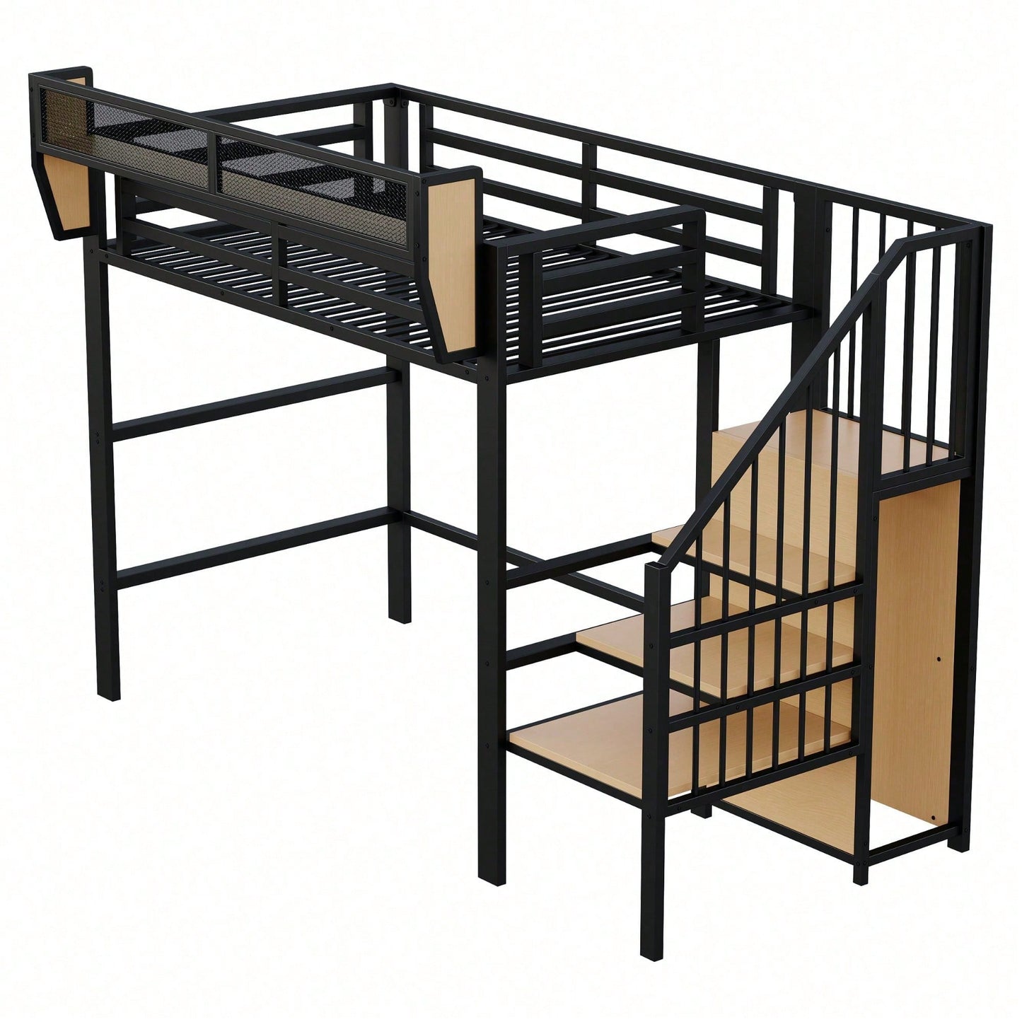 Hochbett 90x200 mit Sicherheitsleiter und flexiblem Staufach, Metallbett Erwachsenenbett Kinder-Etagenbett Schwarz