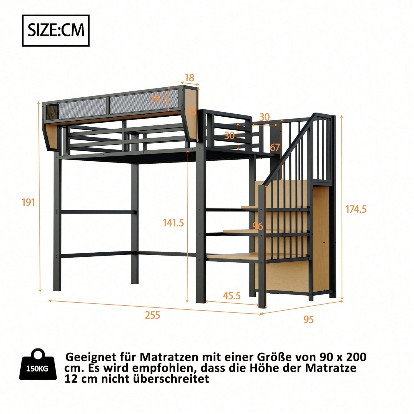 Hochbett 90x200 mit Sicherheitsleiter und flexiblem Staufach, Metallbett Erwachsenenbett Kinder-Etagenbett Schwarz