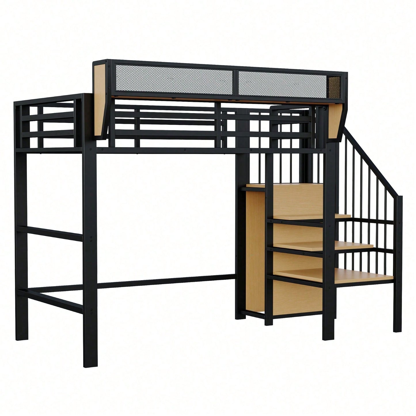 Hochbett 90x200 mit Sicherheitsleiter und flexiblem Staufach, Metallbett Erwachsenenbett Kinder-Etagenbett Schwarz
