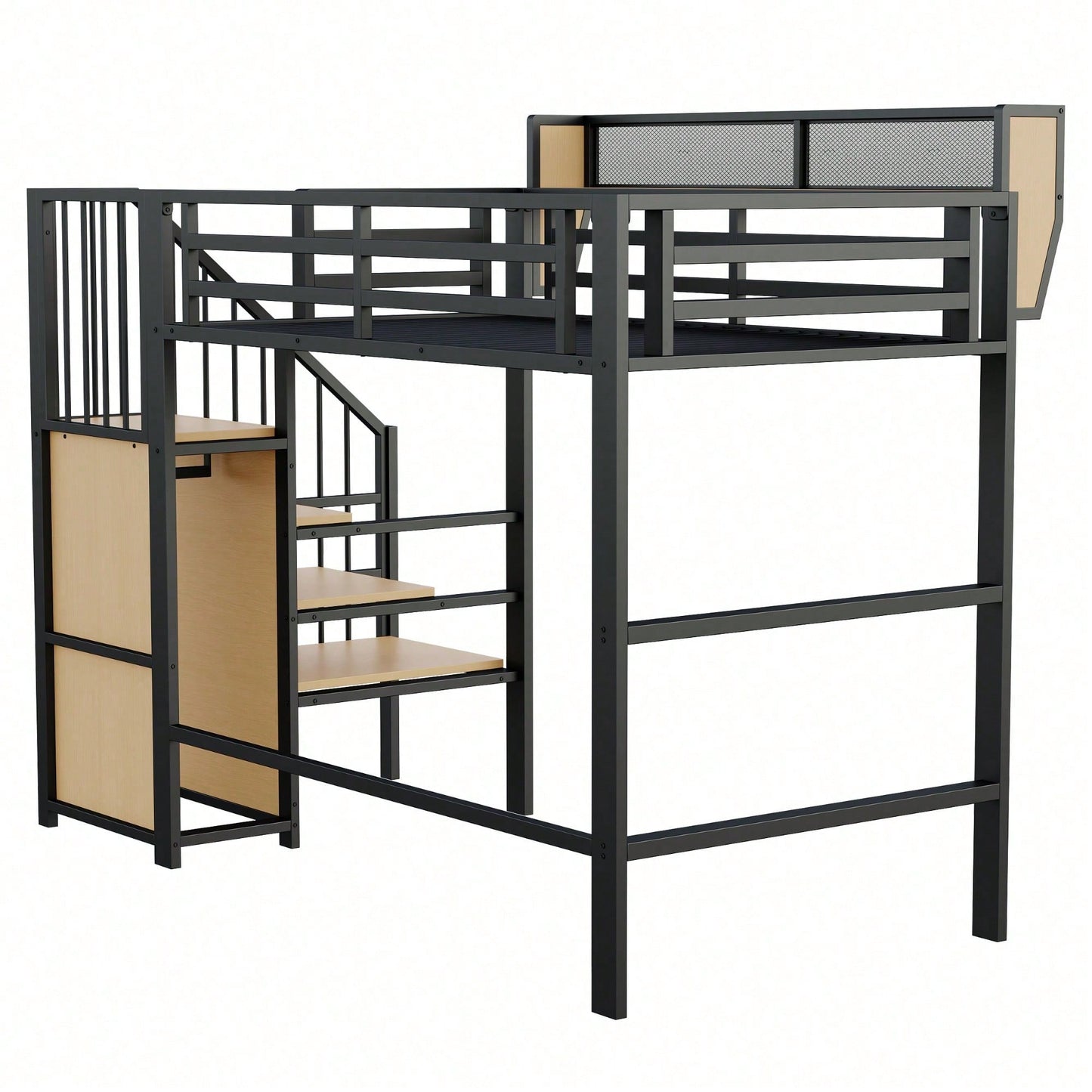 Hochbett 90x200 mit Sicherheitsleiter und flexiblem Staufach, Metallbett Erwachsenenbett Kinder-Etagenbett Schwarz