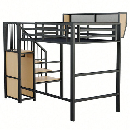 Hochbett 90x200 mit Sicherheitsleiter und flexiblem Staufach, Metallbett Erwachsenenbett Kinder-Etagenbett Schwarz