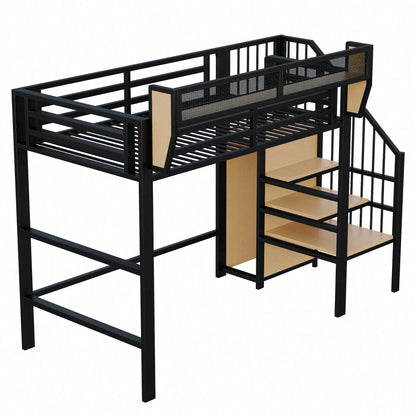 Hochbett 90x200 mit Sicherheitsleiter und flexiblem Staufach, Metallbett Erwachsenenbett Kinder-Etagenbett Schwarz